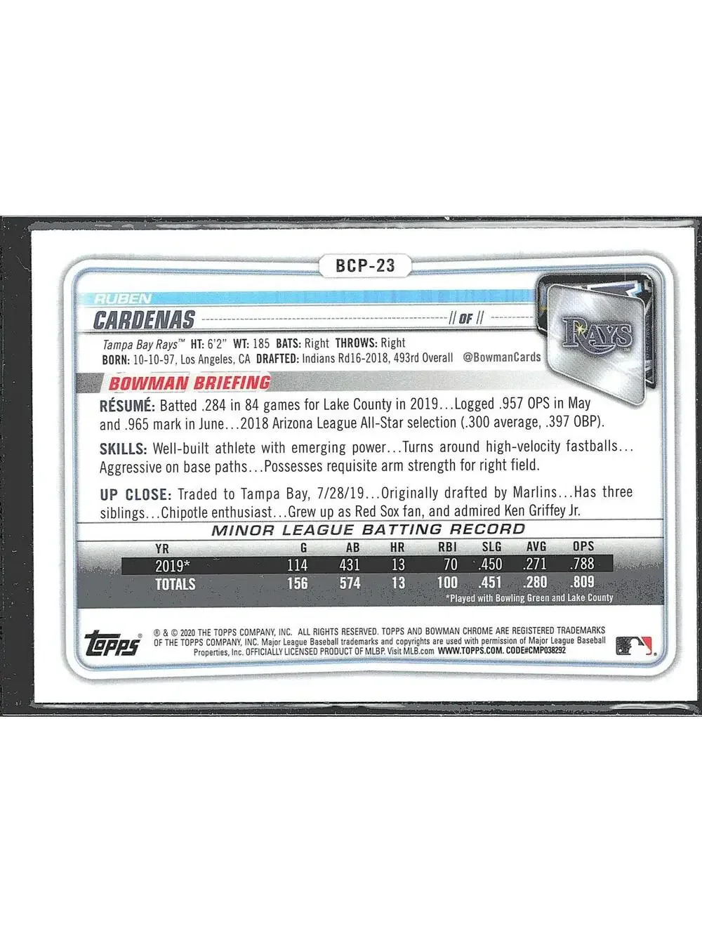 2020 Bowman #BCP-23 Ruben Cardenas Chrome Prospects HAND SIGNED